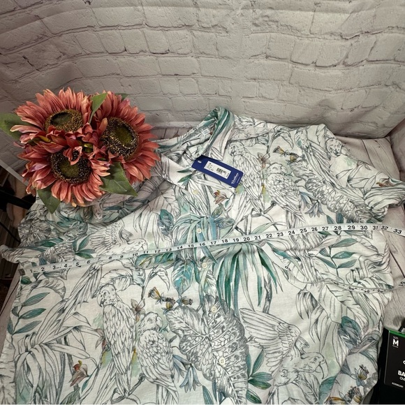 NWT caribbean Green Tropical Print Hawaiian Shirt linen cotton blend sz 4XB - Picture 5 of 7